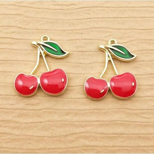 10pcs 16x19mm enamel cherry charm fruit for jewelry making earring pendant bracelet and necklace charms