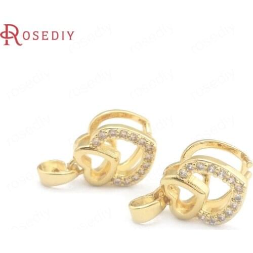 40656)10PCS 24K Champagne Gold Color Brass and Zircon Connector for Necklaces Heart Charms Pendants Jewelry Making Supplies