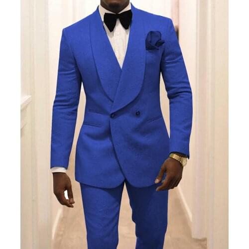 Brand New Groomsmen Royal Blue Pattern Groom Tuxedos Shawl Lapel Men Suits 2 Pieces Wedding Best Man ( Jacket+Pants+Tie ) C928