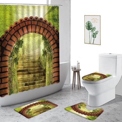 Forest Arch Door Scenery Shower Curtain Pink Flowers Green Grass Pastoral Theme Bathroom Decor Set Non-Slip Carpet Toilet Cover