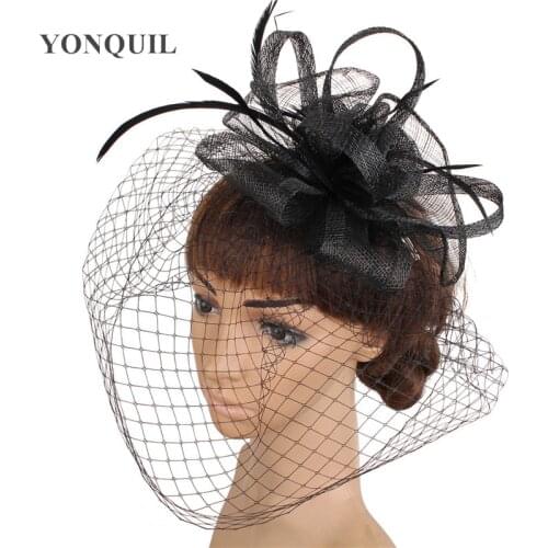 Elegant Women Mesh Wedding Fascinators Hair Clips Feather Ladies Hair Accessories Bridal Hats with Veil Red Wedding Hats