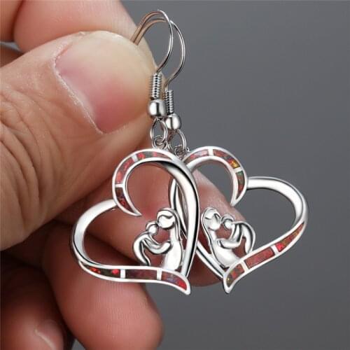 Classic Silver Color Dangle Earrings Fashion Rainbow Heart Mothers Day Earrings Trendy Female Blue Opal Drop Earrings For Women