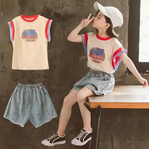 Girls' suit 2021 new Girls Teenage summer clothes Children fashion Suit Girls' Summer Denim Shorts+T-shirt girls' two pieces set