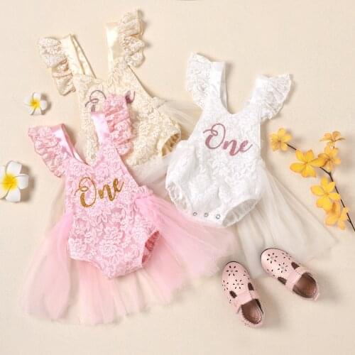 Newborn Baby Girl Lace Floral Bodysuit Dress Summer Baby Lace Fly Sleeve Tulle Tutu 1st Bodysuit Birthday Party Wear 0-24M