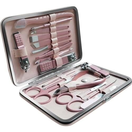 VKK 18 Tools Stainless Steel Manicure set Professional nail clipper Kit of Pedicure Paronychia Nippers Trimmer Cutters pink Case