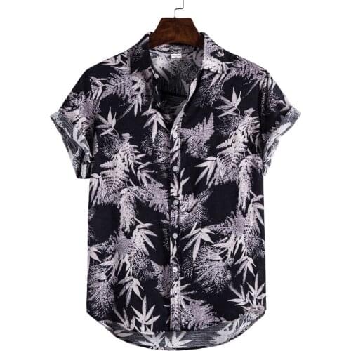 Men Summer Shirt Beach Style Green Leaves Printed Hawaiian Shirts Casual Short Sleeve Turn Down Collar Blouses Tops Camisa Homme
