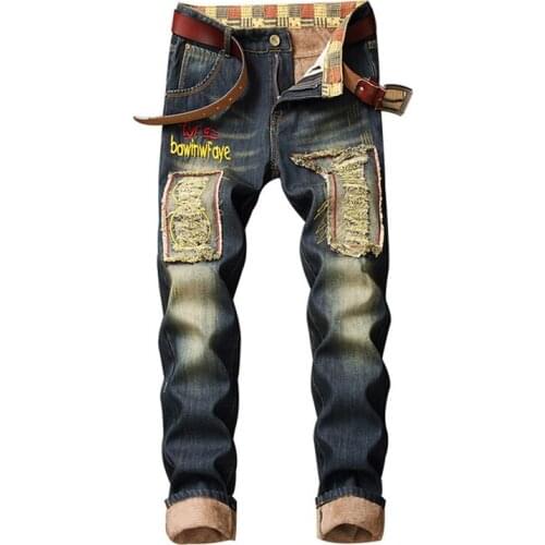 Denim Designer Hole Jeans High Quality Ripped for Men Size 28-38 40 2020 Autumn Winter Plus Velvet HIP HOP Punk Streetwear