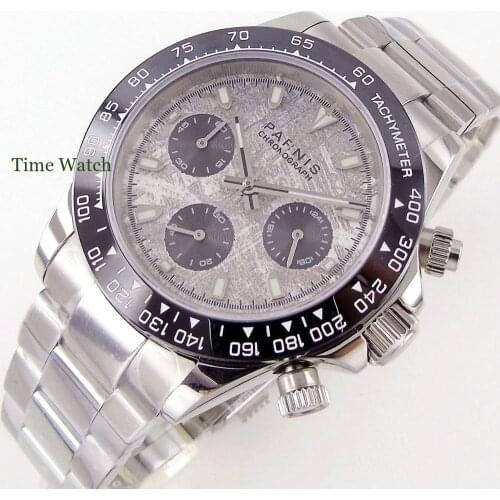 39mm Parnis Quartz Watch For Men Ceramic Bezel Insert Sapphire Glass Full Chronograph Gray Dial Steel Bracelet Luxury Polished