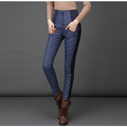 2021 New Women Duck Down Pants Winter High Waist Skinny Warm Formal Pants Female Black Elastic Waist Work Trousers