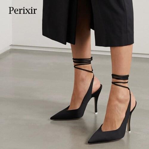 Perixir Design Women Silk Pumps Pointed Toe Ankle Strap Stiletto Heel 2021 New Arrival Footwear Rome Sexy Cross-Tied Lady Shoes