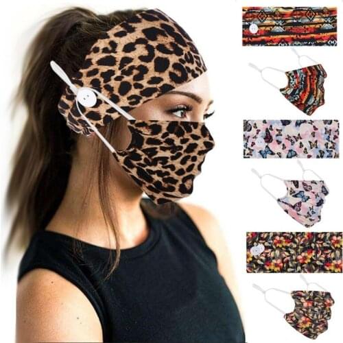 2 Pcs /set Women Leopard Headband Button Hairband with Mask Sports Elastic Head Band Hair Accessories Leopard Turban Hair Cover