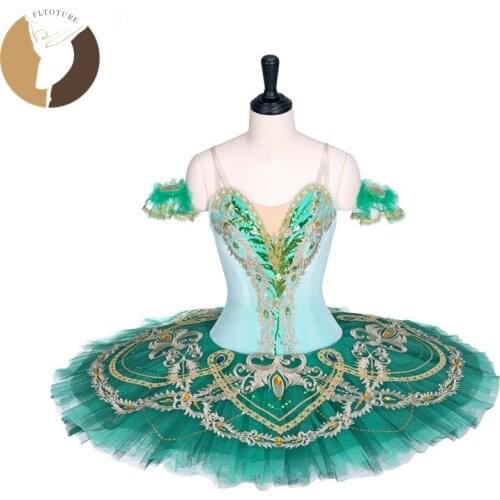 FLTOTURE AT1292 Professional Ballet Pancake Adult Classical Tutus Green Color Ballet Costumes 11 Layers Hard Tulle Skirt Tutu