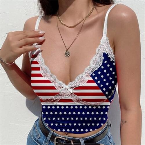 2021 Summer New Trend Womens Ribbon American Independence Day Deep V-neck Lace Camisole