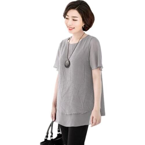 Mother Middle Aged Women Big Size 5XL6Xl 7XL Pleated Chiffon Blouse Summer Short Sleeves Fake 2 piece Plus Size Tops Ladies