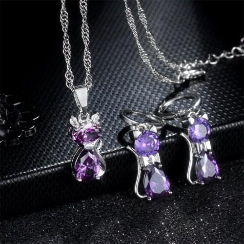 Women Earrings Necklace Set Cute Cartoon Kitten Purple Cubic Zirconia Jewelry Set Engagement Wedding Party Girl Birthday Present