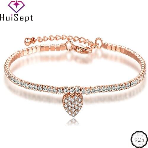 HuiSept Silver 925 Jewellery Bracelets for Female Heart-shaped Zircon Gemstone Bracelet Wedding Engagement Party Gifts Rose Gold