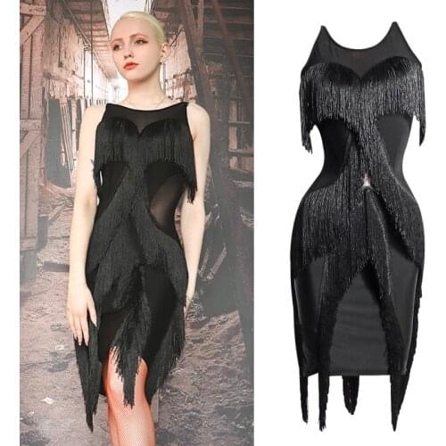 Latin Dance Competition Dress Women Sleeveless Mesh Black Fringe Dress Samba Salsa Dance Clothes Prom Adult Latin Dress