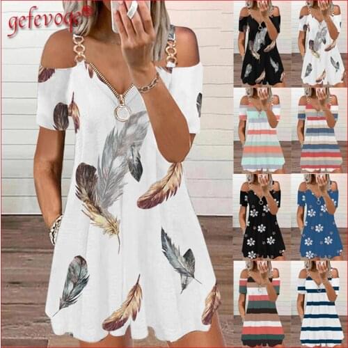 Sexy Off Shoulder Dresses for Women 2021 Casual V-Neck Zipper Camisole Print Sundress Short Sleeve Elegant Party Mini Dress Robe