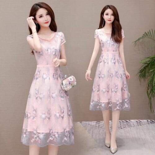 Fashion Summer Plus Size Ladies Dress Embroidery Flower Gauze Short Sleeve Slim O-neck Chiffon Women Dresses 5429