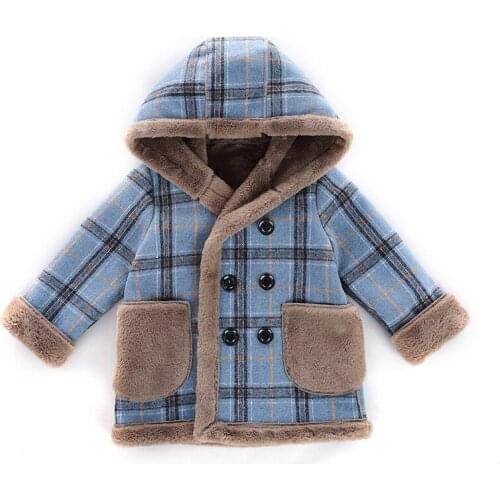 Baby boy winter plush woolen woolen coat boys plaid solid color double-breasted thick cotton coat boys casual warm woolen coat