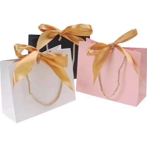 1pc Gift Bags With Handles Paper Party Favor Bag With Bow Ribbon For Birthday Wedding Graduation Celebration Present Wrap