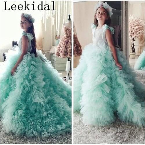 Long Train Ball Gown Puffy Girls Pageant Dresses Tulle Skirt Formal Flower Girls Dresses Custom Online Kids Formal Wear Custom