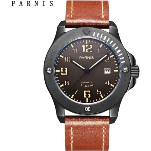 New Parnis Mens Mechanical Watch black Case Automatic Movement Luminous Calendar Leather Strap Men Watches 2019 top luxury brand