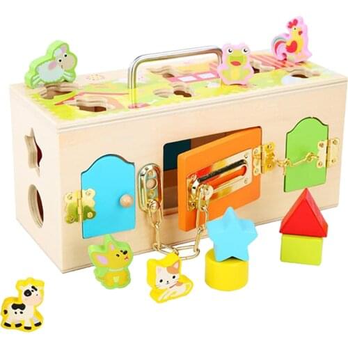 Colorful Montessori Wooden Lock Box & Geometric Blocks & Animal Shape Matching Toys Early Learning Toys for Kids Toddlers