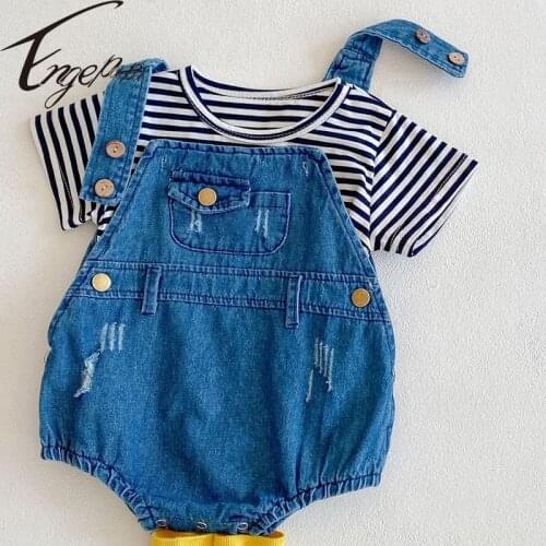 Engepapa Korean Style Newborn Baby Boys Girls Clothes Denim Romper+Stripe Cotton T-shirt Suit Baby Girls Boys Clothes Set