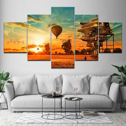 Hot Selling 5 Pcs Modular Frame Hot Air Balloon in Sunset Landscape Canvas Print Painiting Living Room Wall Art Picture Artwork