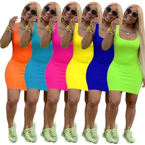 Summer Basic Vest Short Dress Women High Stretch Tank Top Slim Pencil Dress Sexy Sleeveless Bodycon Strap Casual Dresses Hot