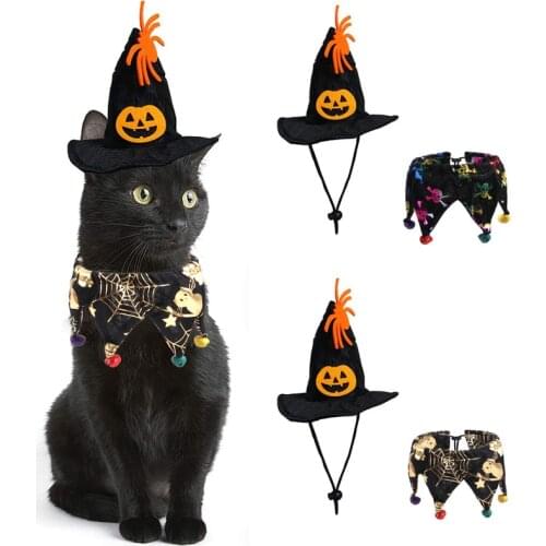 Pet Cat Dog Witch Hat Cosplay Halloween Bib Set Cape Cat Costume Photo Props Headdress Holiday Party Fun Decoration