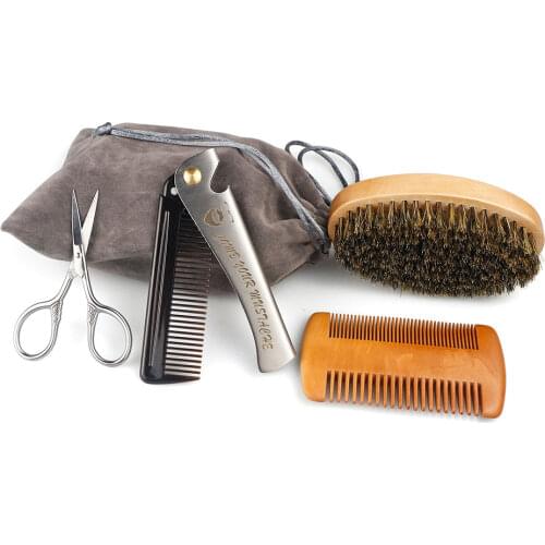 Boar Bristle Beard Brush Set For Men Professional Styling Comb Scissor Repair Beard Tools Set Wood Barber Shaving Kit