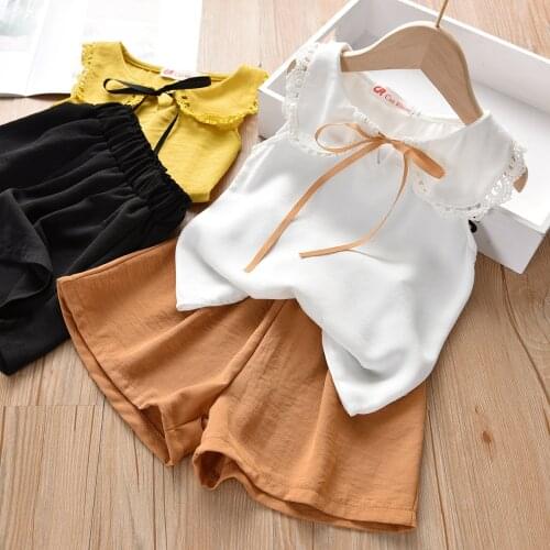 2021 summer new girl suit Korean style sleeveless bowknot doll lace collar top and shorts two-piece suit toddler girls clothes
