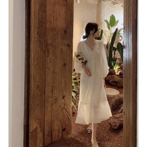 Women Summer Floral Print Dresses Puff Sleeve V-Neck Elegant Chiffon White Maxi Vintage Loose Vestidos