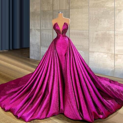 Fuchsia Mermaid Prom Dresses With Detachable Train Sweetheart Neck Overskirt Evening Gowns Party Dress Special Occassion