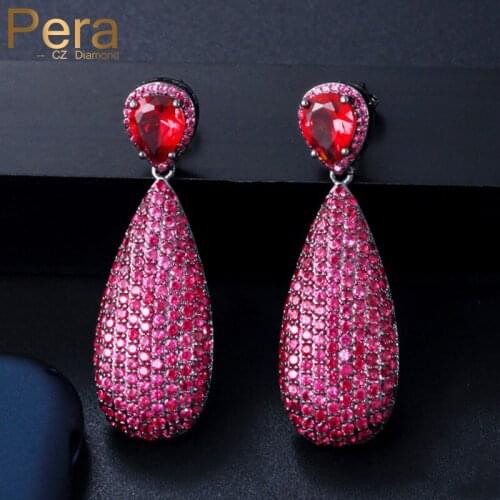 Pera Luxury Red Full Paved Cubic Zirconia Stone Big Long Dangle Tear Drop Earrings for Women Coustume Jewelry Accessories E424