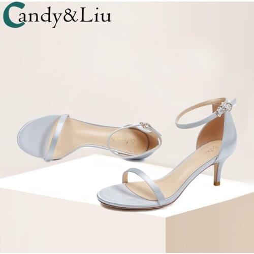 Silk and Satin Medium Heel Sandals Womens 2021 Summer New Little Fresh Girl Light Blue 8cm One-sided Belt Thin Heel High Heels