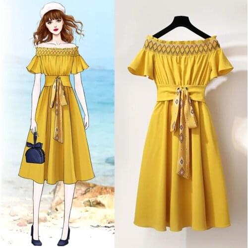 High-end fashion one-neck dress 2021 summer new Korean style bandage waist French first love bluebell mid-length casual dress