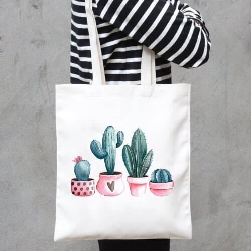 Cactus Plant Tote Bag Ladies Canvas Shopping Bags Travel Bag Large Capacity Handbag Graphic Cute Foldable Tote