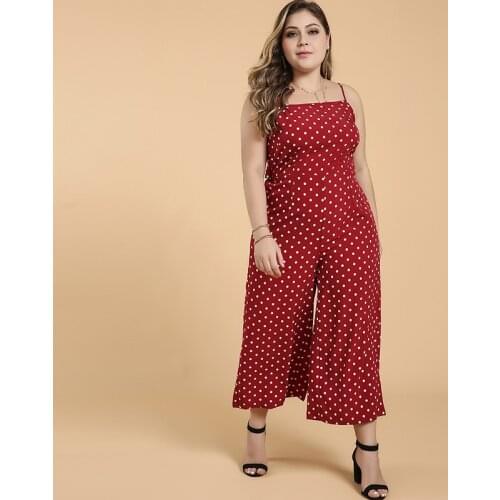 DOIB Women Polka Dot Rompers Red Bow Tie Spaghetti Strap Plus Size Playsuit Summer Wide Leg Large Size Jumpsuits 6XL