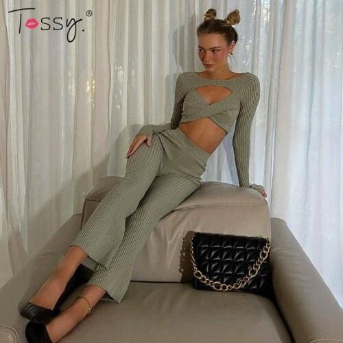 Tossy Casual Ribbed Two Piece Set For Women Long Sleeve Crop Top And High Waist Pants Female Sets Bodycon Jumpsuit Slim Outfits