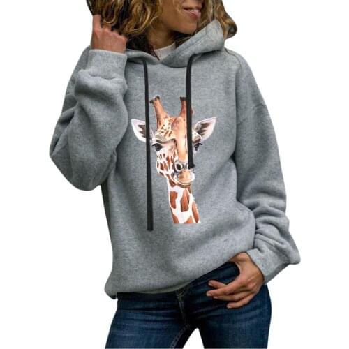 Korean Style Women Sweatshirt Kawaii Giraffe Printed Hooded Pullover Winter Outdoor Warm Long Sleeve Blouse Drawstring Sweater