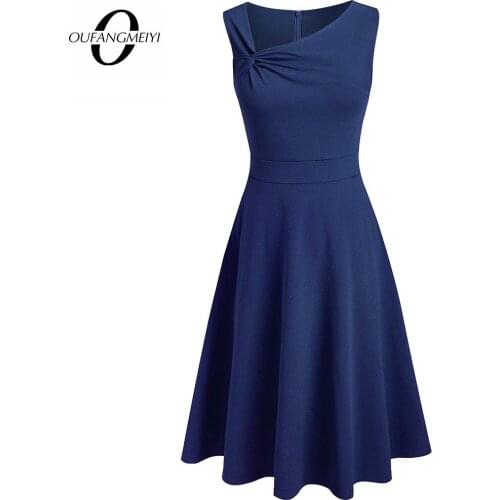 Women Elegant Charming Sleeveless Asymmetrical Neckline Knotted Fit and Flare A-Line Party Dress EA270