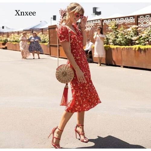 Sexy Floral Print Summer Dress Short Sleeve V Neck Red Party Dresses New Beach Maxi Dress Vintage Long Robe Femme