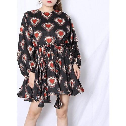 2020 NEW Elegant Print Dresses Femal O-neck Lantern Sleeve High Waist Lace Up Pleated Hem Mini Hit Color Dress Women Tide Q075