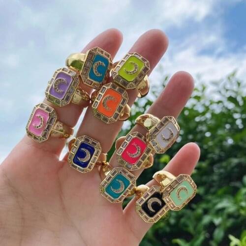 10PCS, New Trendy Multicolor Enamel Moon Crystal Zircon Geometric Rings for Women Girl Party Jewelry Gift