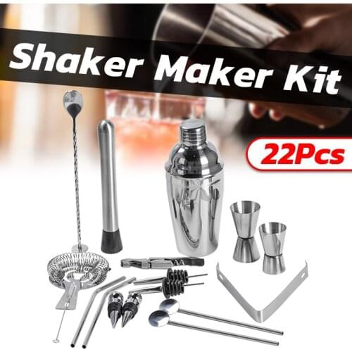 22Pcs/Set Stainless Steel Cocktail Shaker Set Drinks Strainer Bottle Opener Maker Mixer Spoon Measure Cup Bar Beginner Tool Kit