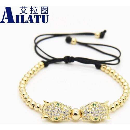 Ailatu Men Bracelets Leopard Head Beads Braided European American Weaving Panther Bracelets with 4mm Stainless Steel Beads