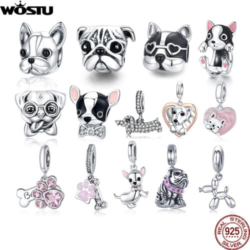 WOSTU Dog Charms 925 Sterling Silver Zirconia Animal Pooch Doggy Bulldog Beads Fit Original Bracelet Pendant DIY Jewelry